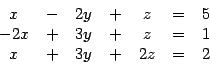 \begin{displaymath}
\begin{array}{ccccccc}
x & - & 2y & + & z & = & 5\\
-2x & ...
...3y & + & z & = & 1\\
x & + & 3y & + & 2z & = & 2
\end{array}\end{displaymath}